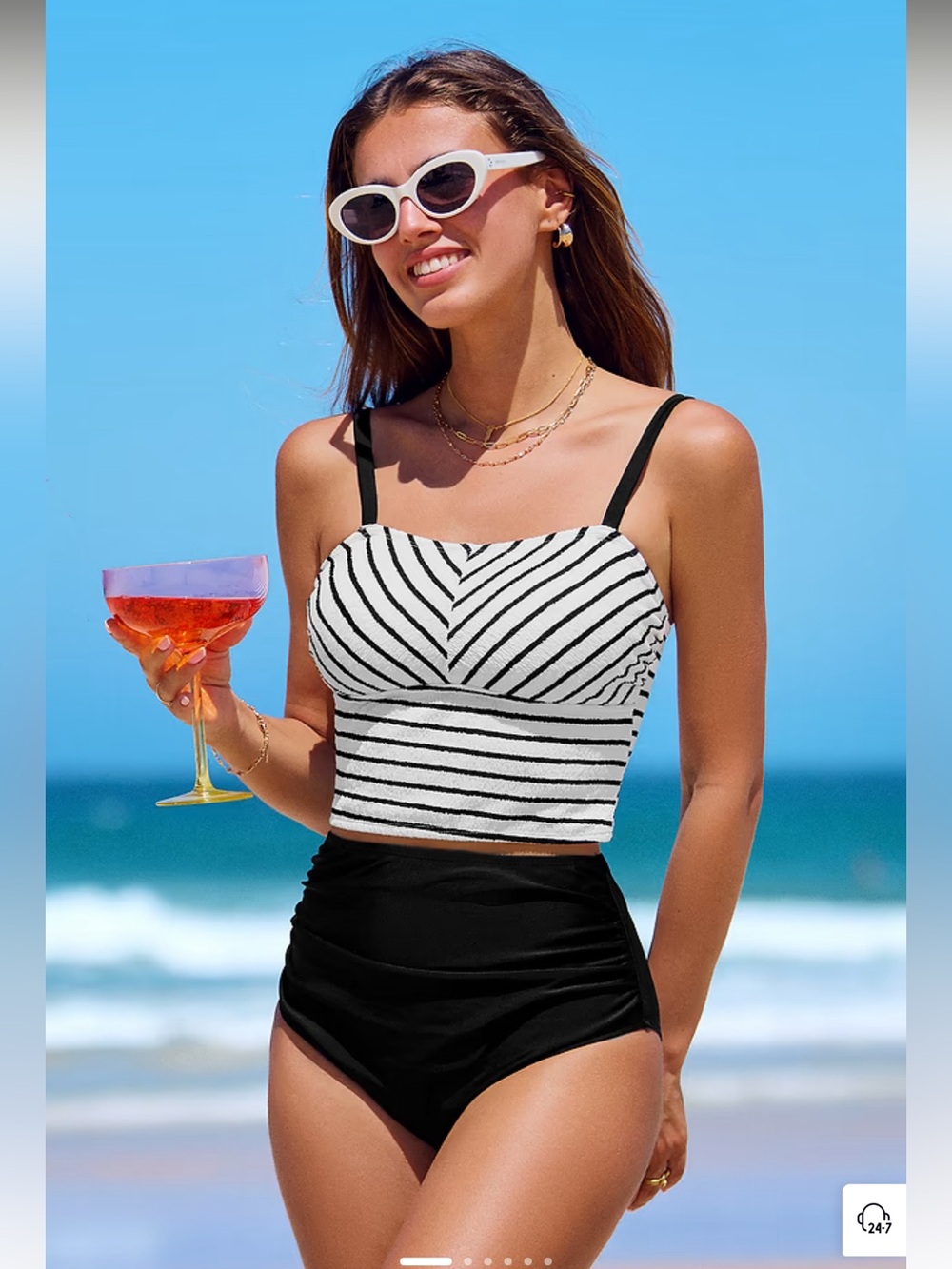 NEW! CupShe Striped Square Neck Tankini Top & High-Waisted Bottoms Set Medium